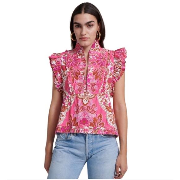 Love The Label Tops - Love The Label Berna Pink Blouse Top Ruffle Cotton Printed Medium